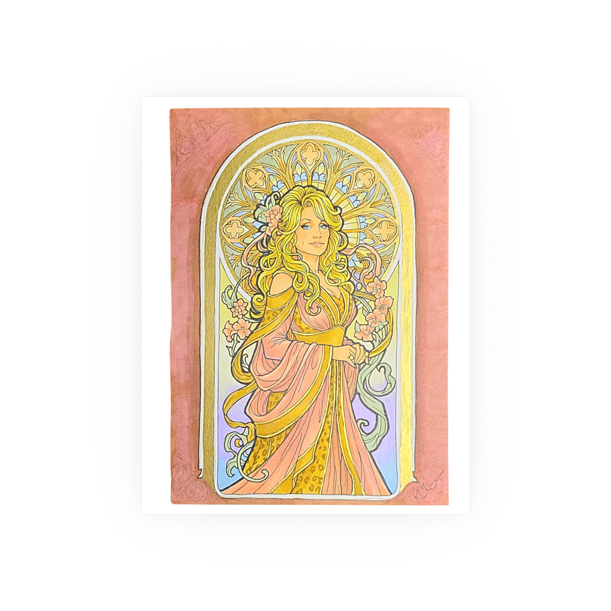 Art Nouveau goddess poster: flower-crowned woman in a pink gown in a peach and gold stained-glass arch
