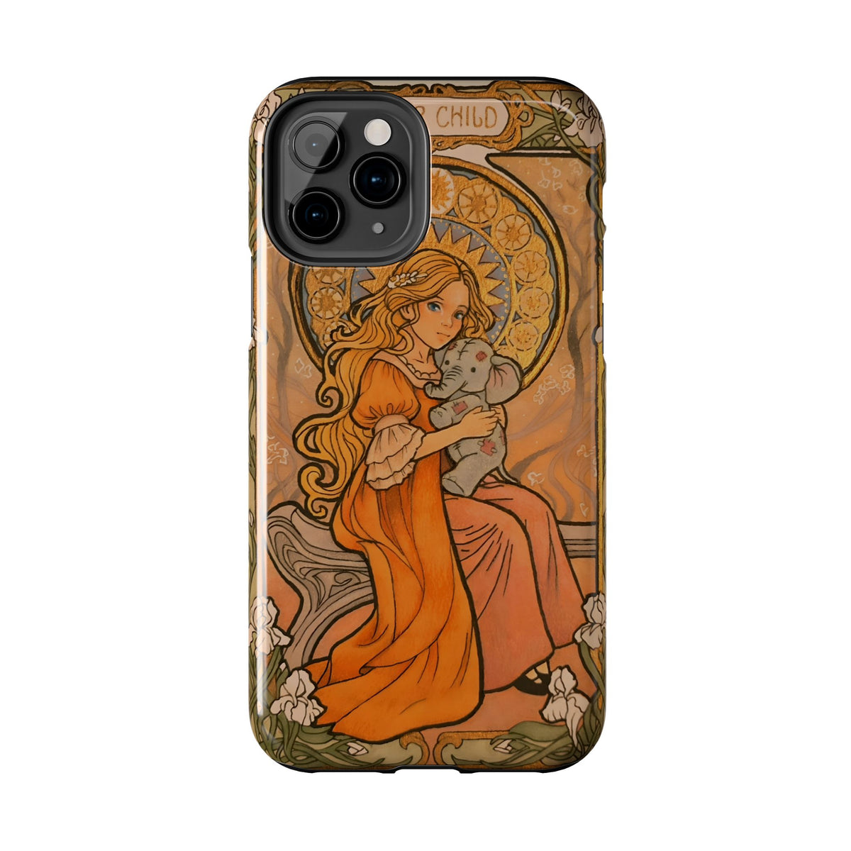 Inner Child tough phone case: girl in an orange dress holding a small gray elephant under a golden halo