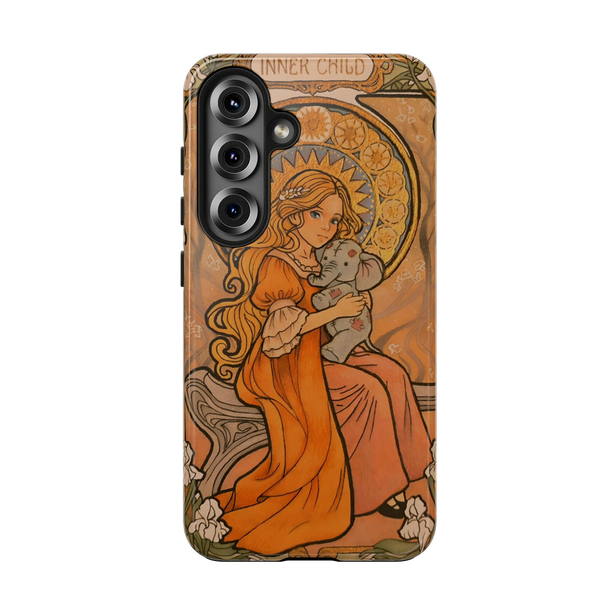 Inner Child tough phone case: girl in an orange dress holding a small gray elephant under a golden halo