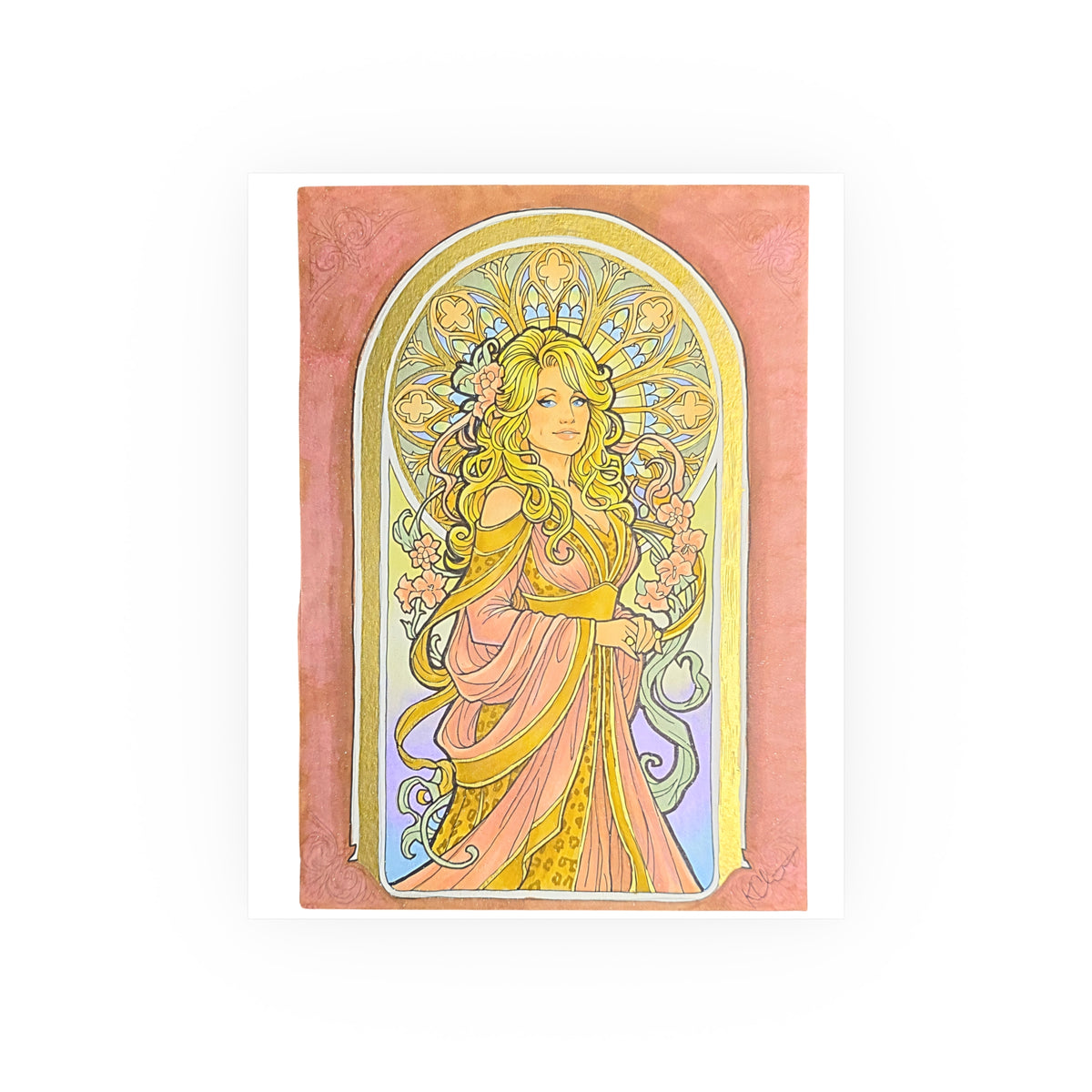 Art Nouveau goddess poster: flower-crowned woman in a pink gown in a peach and gold stained-glass arch
