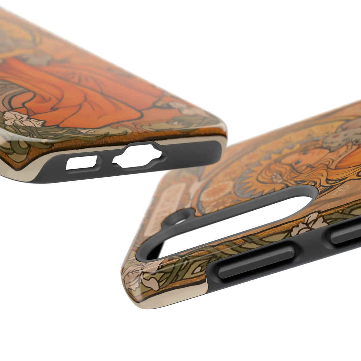 Inner Child tough phone case: girl in an orange dress holding a small gray elephant under a golden halo