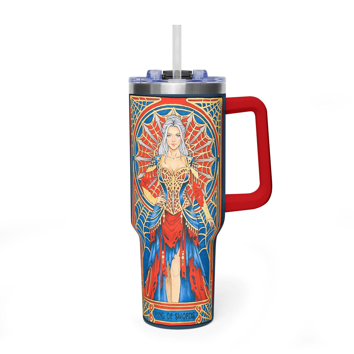 40oz tumbler with King of Swords tarot art: silver-haired figure in a red and blue gown, spiderweb halo