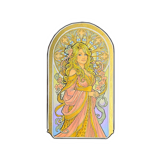 Art Nouveau goddess kiss-cut sticker: flower-crowned woman in a pink gown in a stained-glass arch
