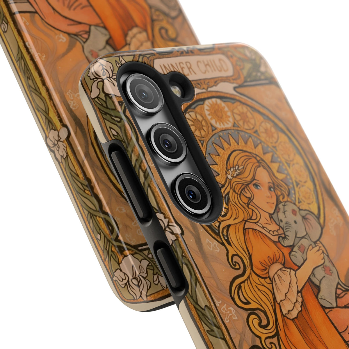 Inner Child tough phone case: girl in an orange dress holding a small gray elephant under a golden halo