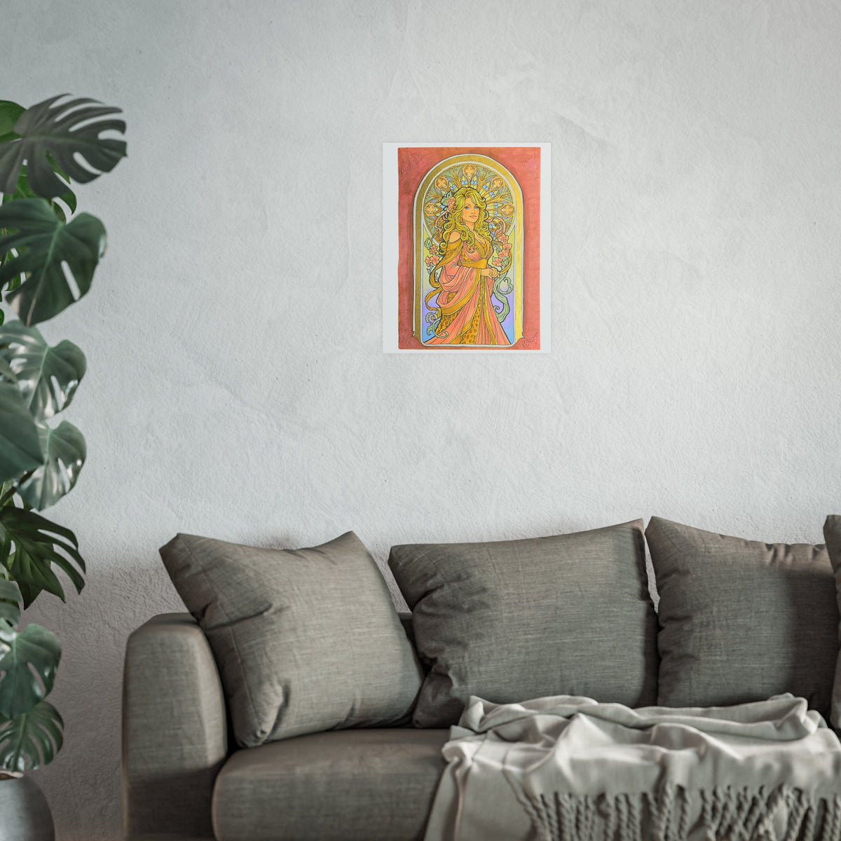 Art Nouveau goddess poster: flower-crowned woman in a pink gown in a peach and gold stained-glass arch