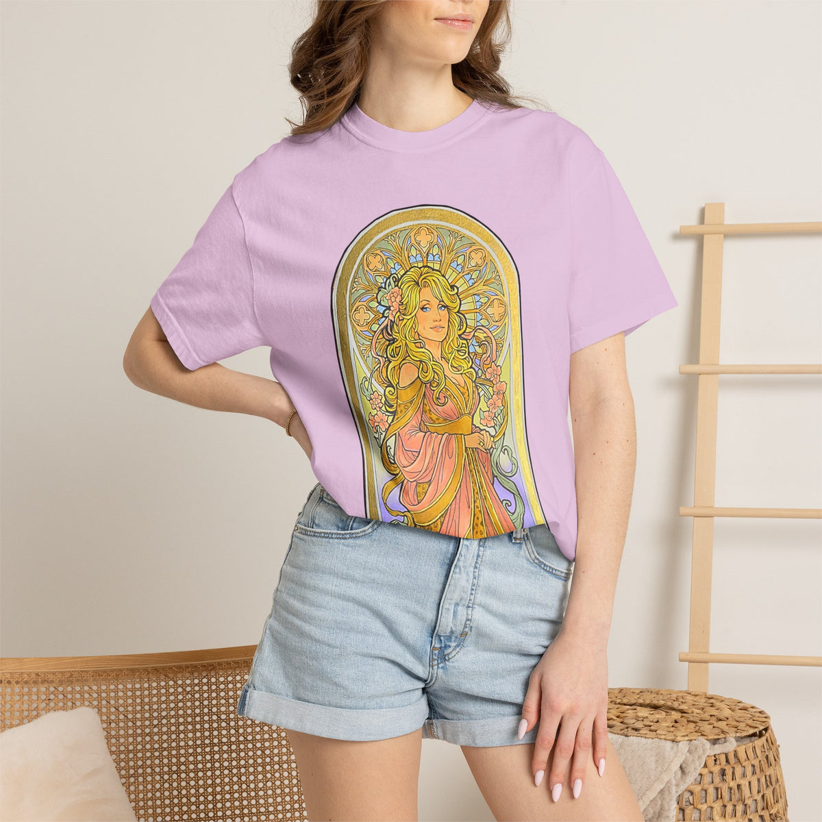 Art Nouveau goddess T-shirt: flower-crowned woman in a pink gown in a stained-glass arch