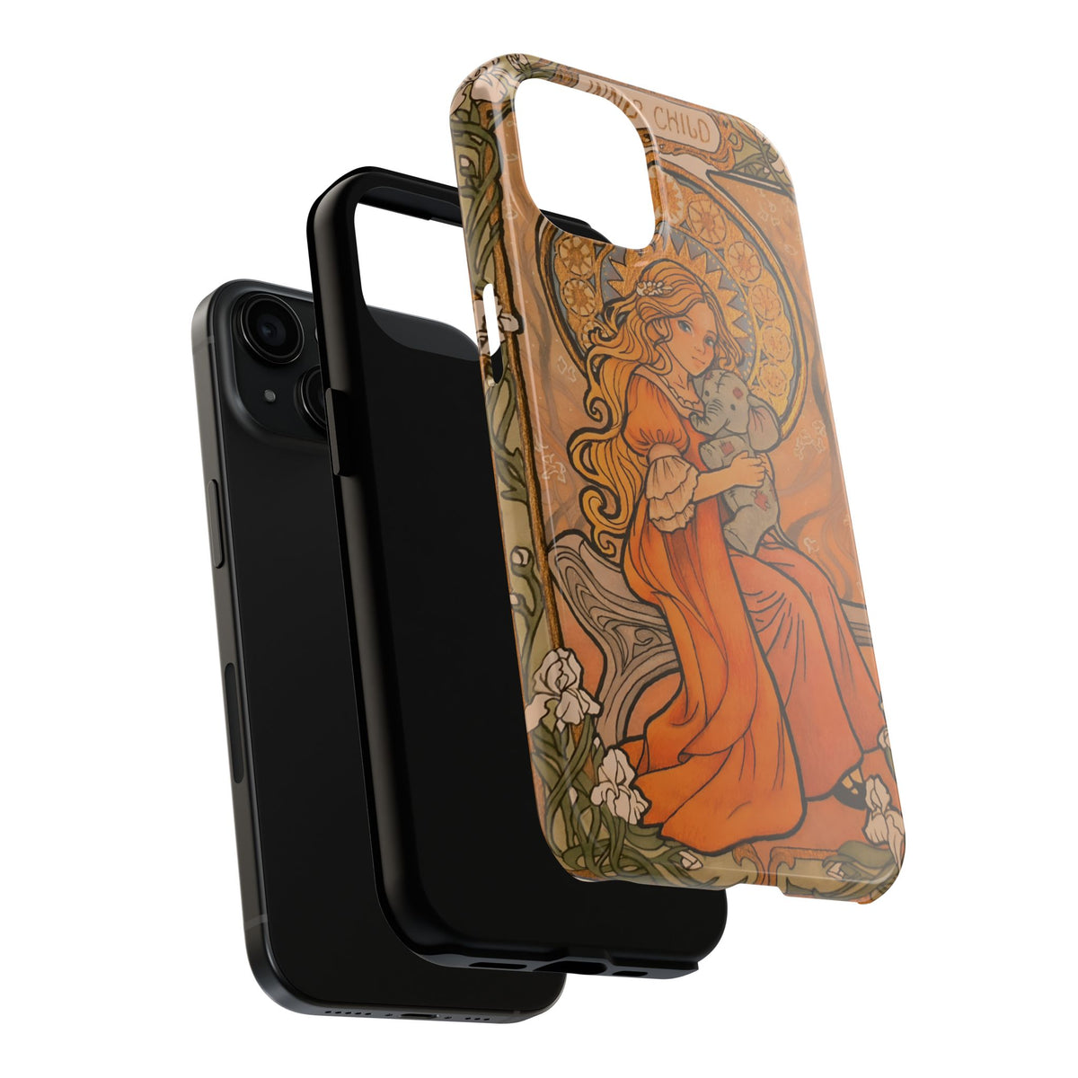 Inner Child tough phone case: girl in an orange dress holding a small gray elephant under a golden halo