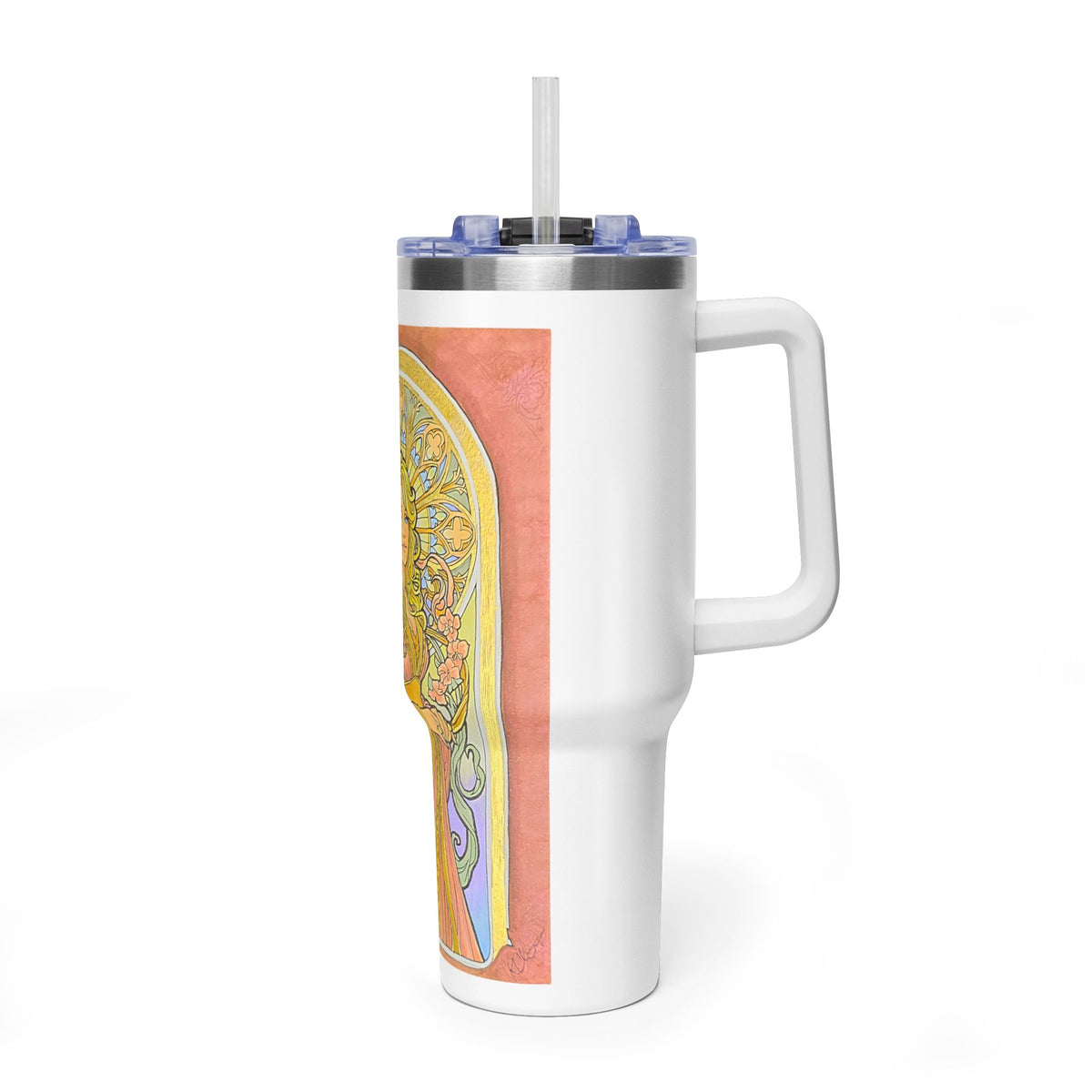 Art Nouveau goddess 40oz tumbler: flower-crowned woman in a pink gown in a stained-glass arch