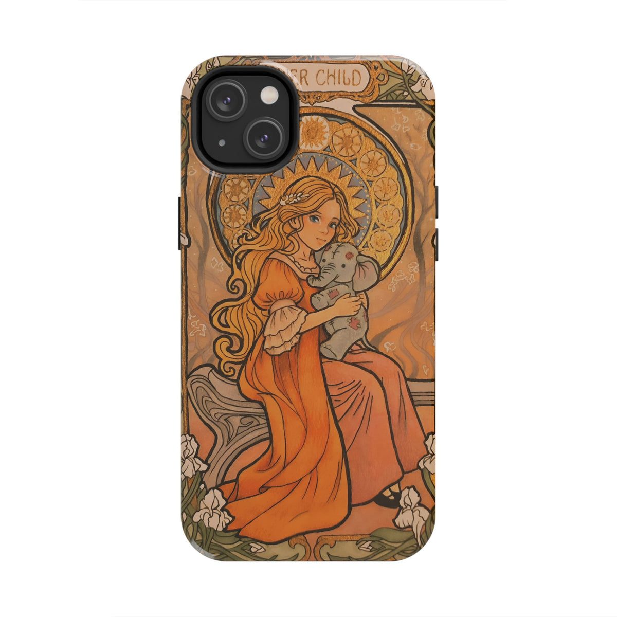 Inner Child tough phone case: girl in an orange dress holding a small gray elephant under a golden halo
