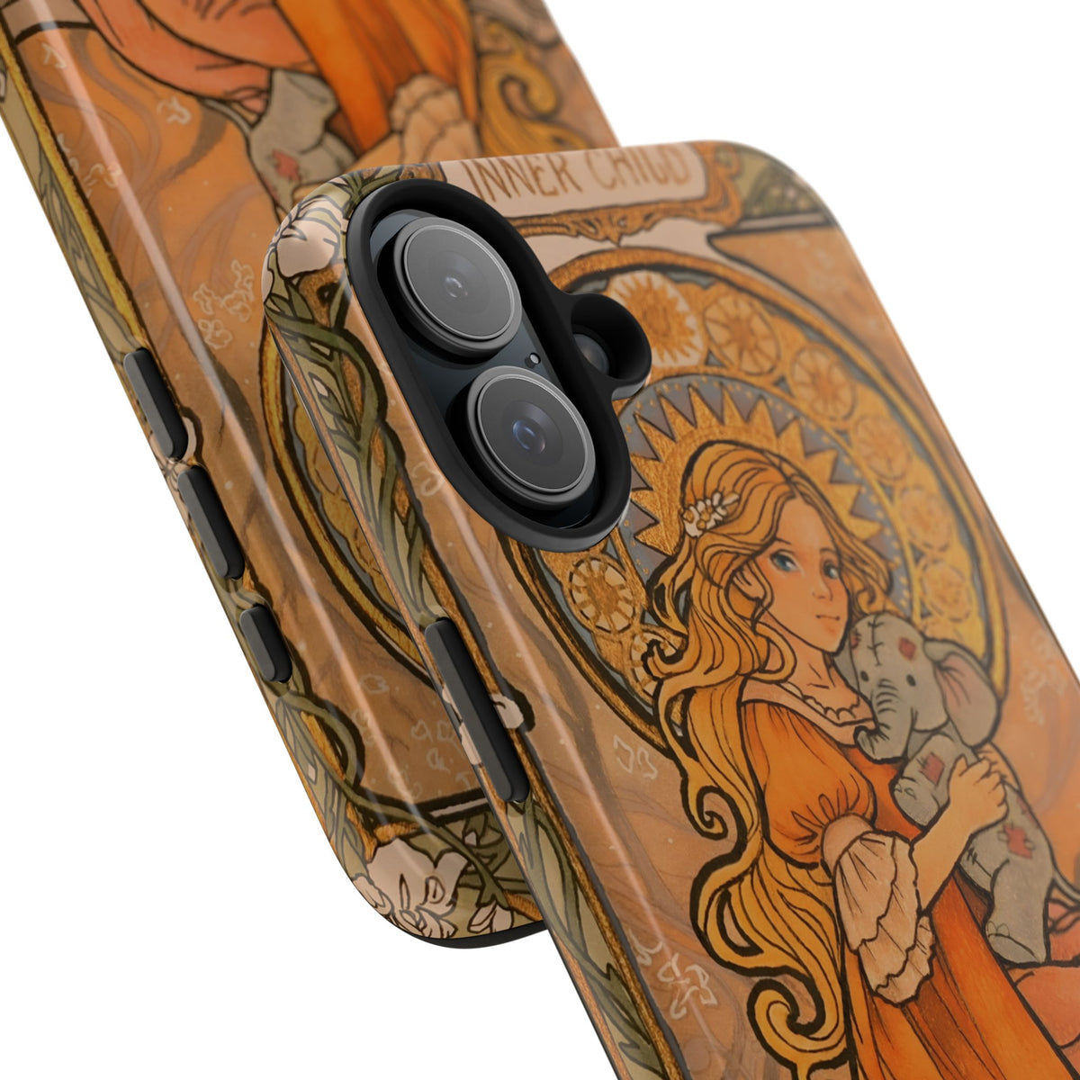 Inner Child tough phone case: girl in an orange dress holding a small gray elephant under a golden halo