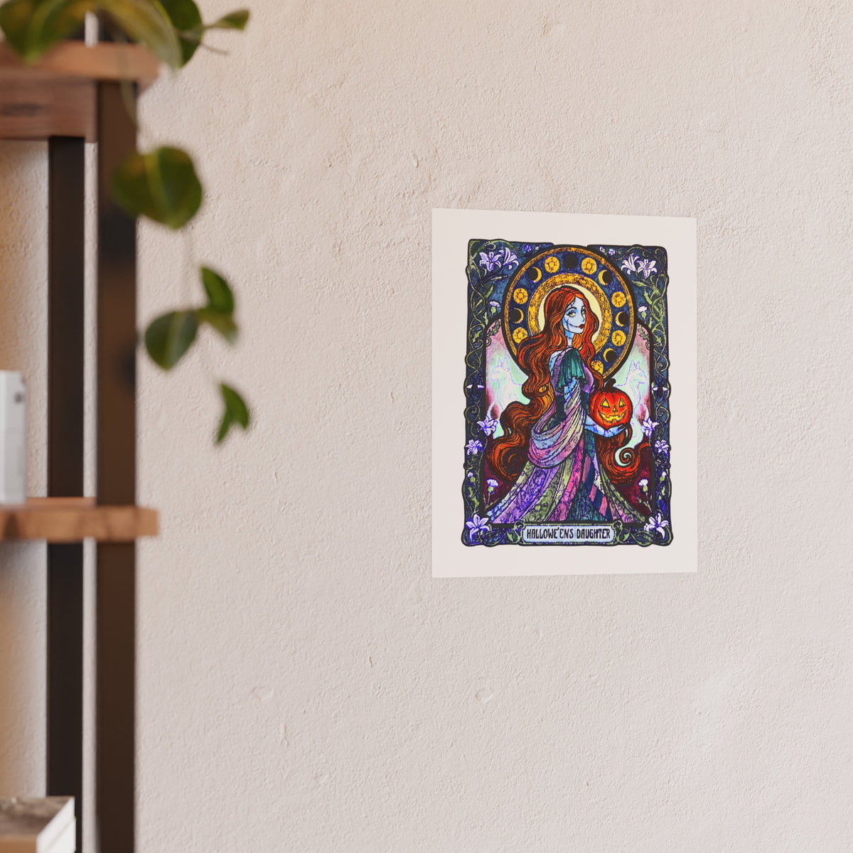 Hallowe'en's Daughter poster: red-haired stitched ragdoll in a patchwork gown holding a jack-o'-lantern