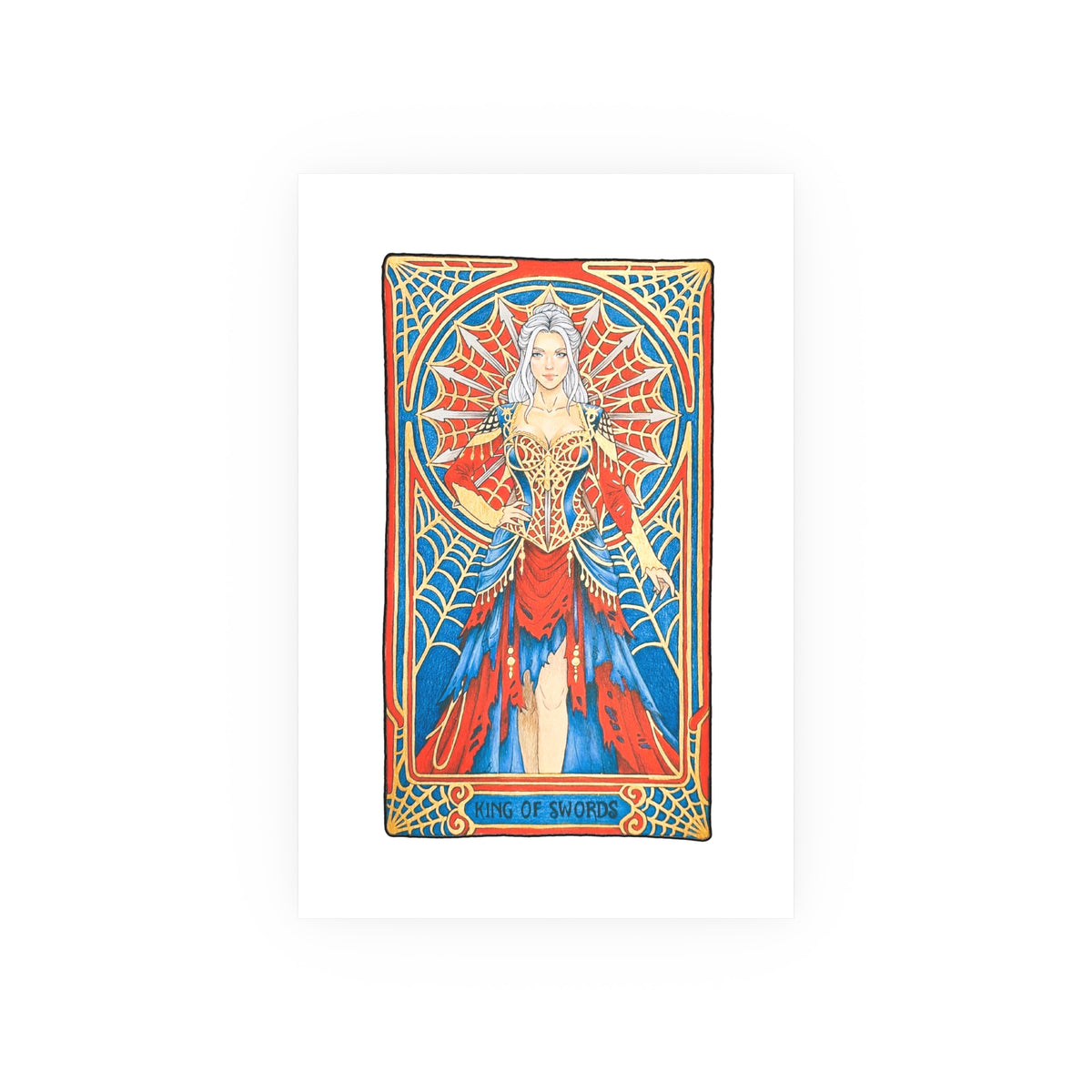 King of Swords tarot poster: silver-haired figure in a red and blue gown with a spiderweb halo