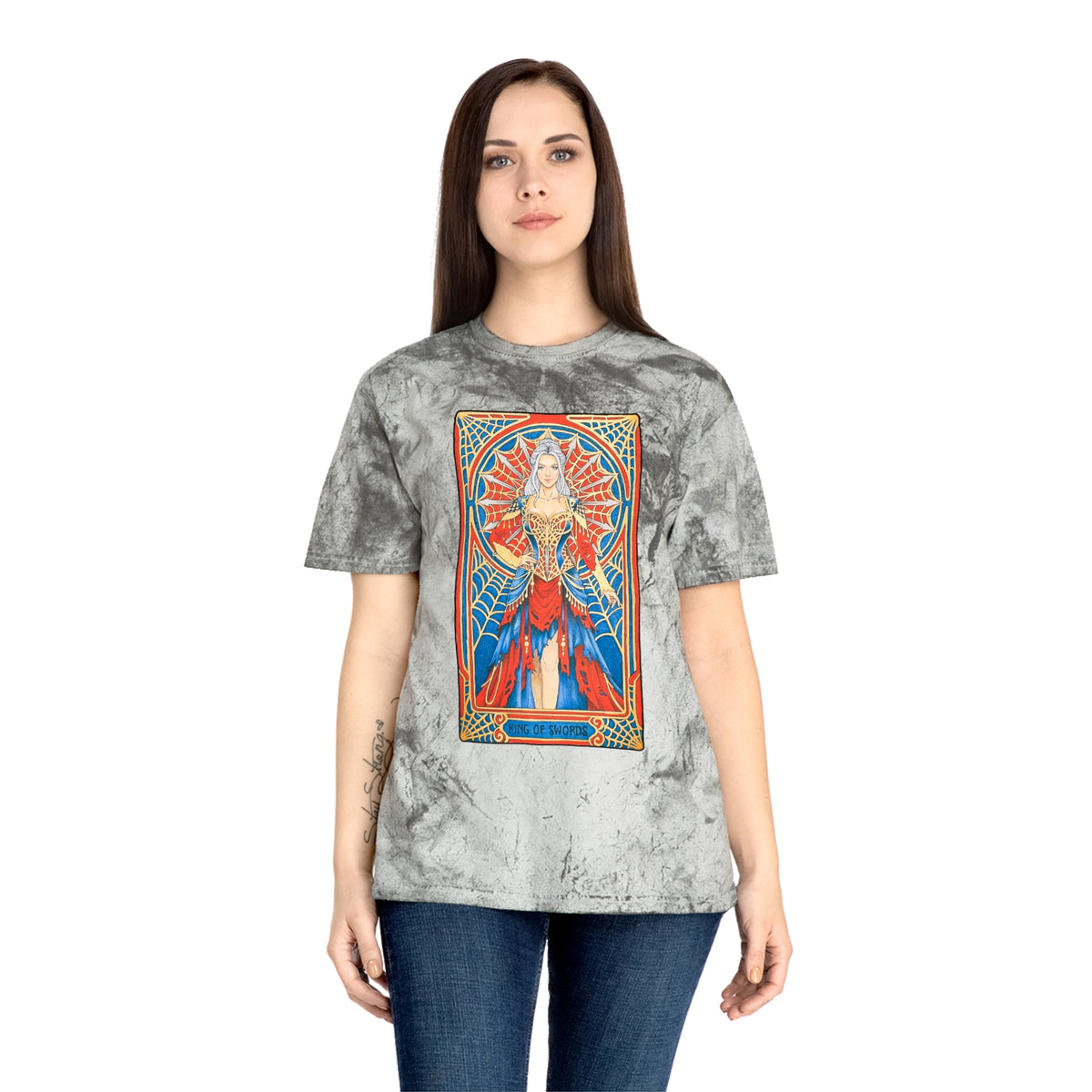 Tee with King of Swords tarot art: silver-haired figure in a red and blue gown with a spiderweb halo