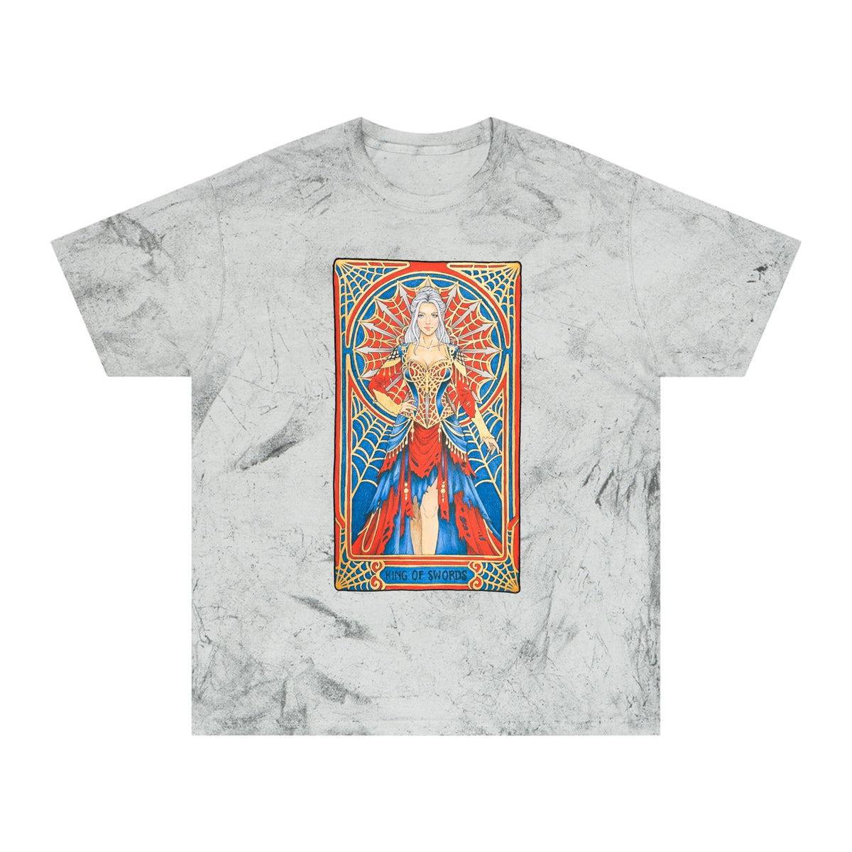 Tee with King of Swords tarot art: silver-haired figure in a red and blue gown with a spiderweb halo