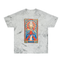 Tee with King of Swords tarot art: silver-haired figure in a red and blue gown with a spiderweb halo