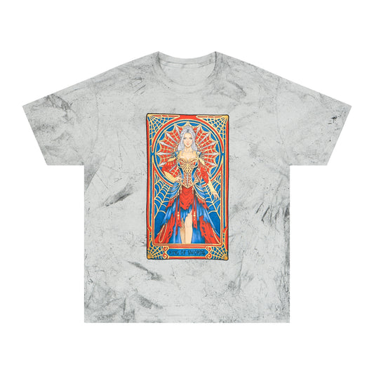Tee with King of Swords tarot art: silver-haired figure in a red and blue gown with a spiderweb halo