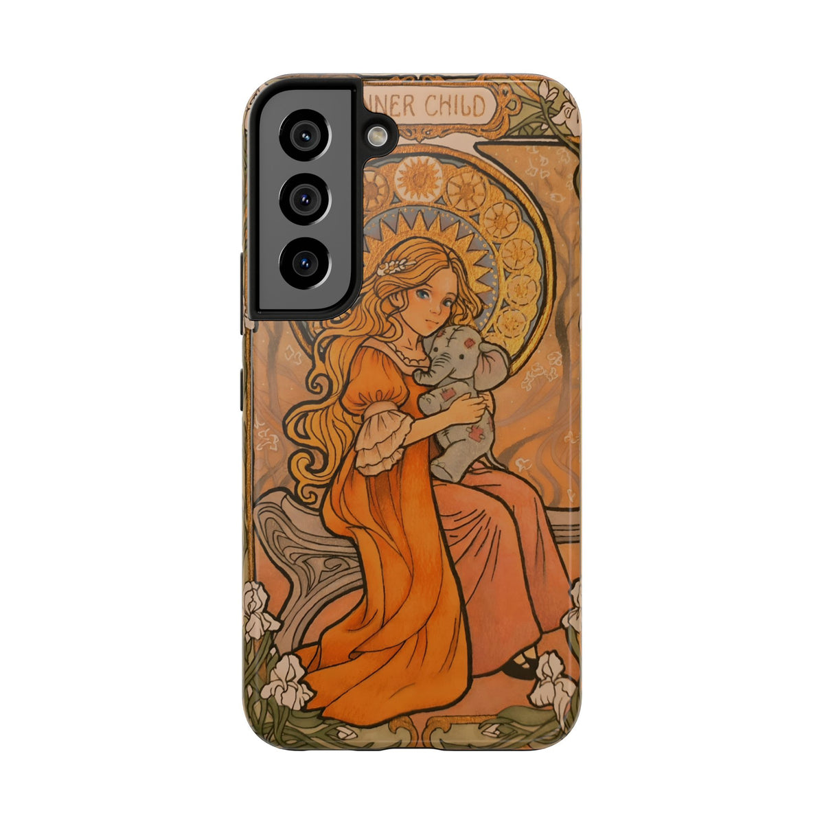Inner Child tough phone case: girl in an orange dress holding a small gray elephant under a golden halo