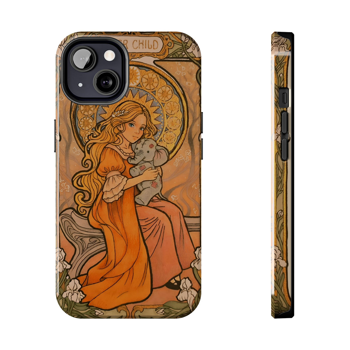 Inner Child tough phone case: girl in an orange dress holding a small gray elephant under a golden halo