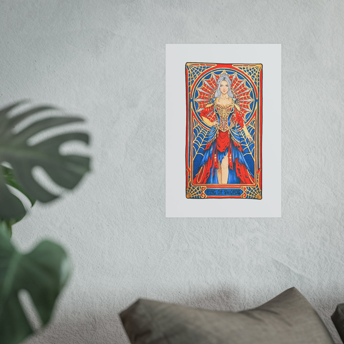 King of Swords tarot poster: silver-haired figure in a red and blue gown with a spiderweb halo