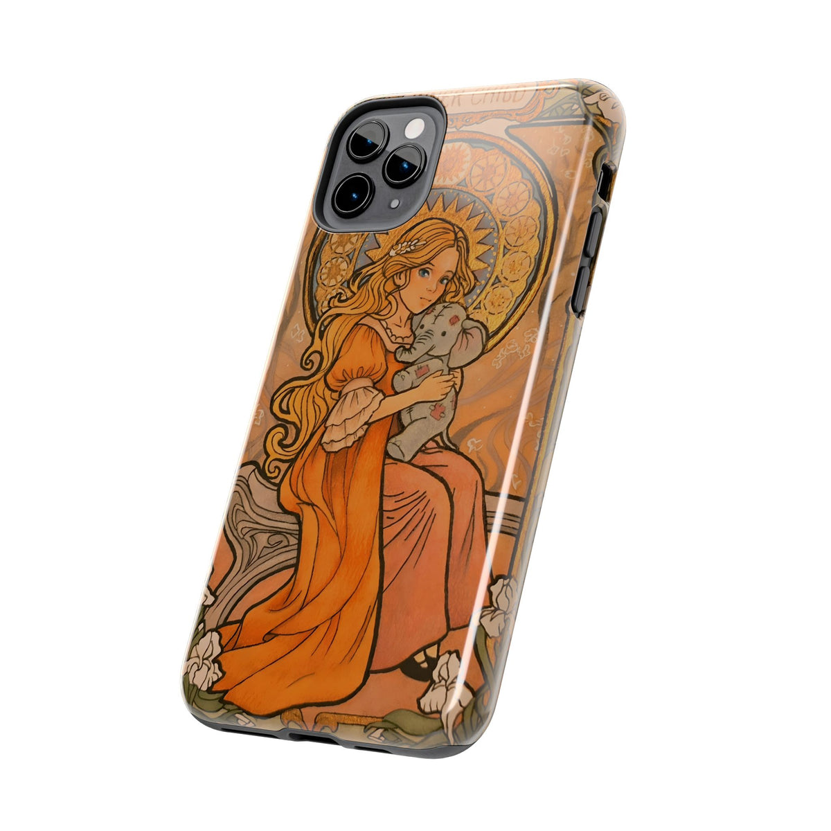 Inner Child tough phone case: girl in an orange dress holding a small gray elephant under a golden halo