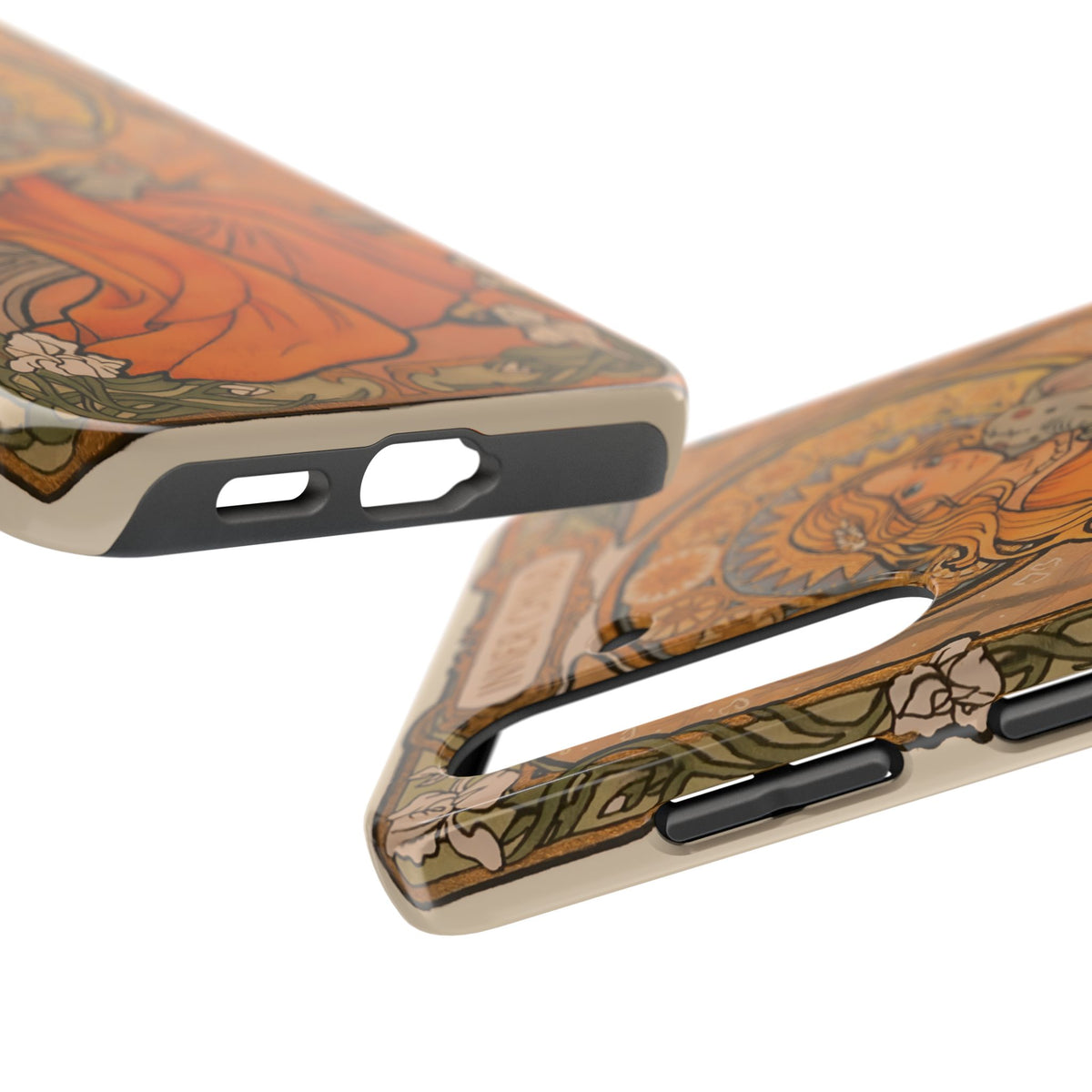 Inner Child tough phone case: girl in an orange dress holding a small gray elephant under a golden halo