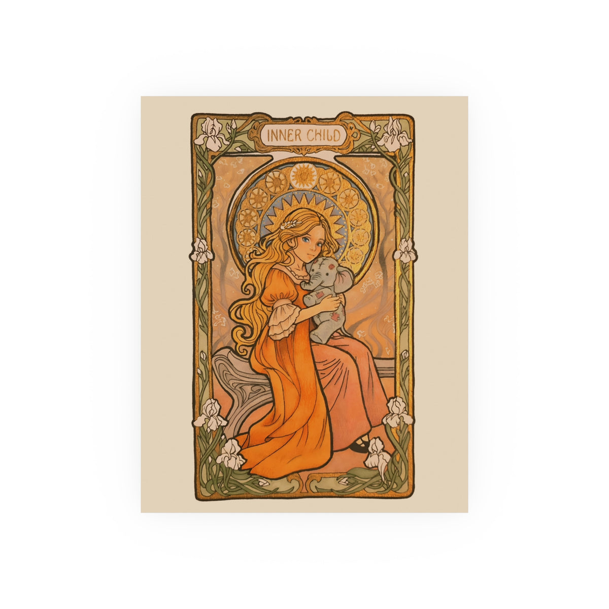 Inner Child poster: girl in an orange dress holding a small gray elephant under a golden halo