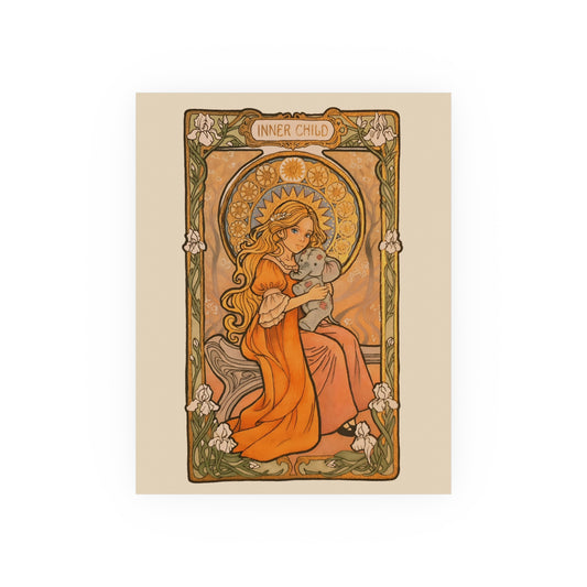 Inner Child poster: girl in an orange dress holding a small gray elephant under a golden halo
