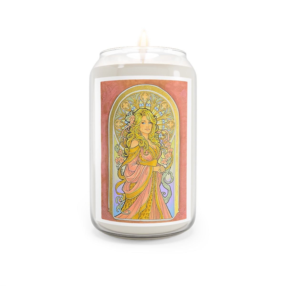 Soy candle with an Art Nouveau goddess label: flower-crowned woman in a pink gown in a stained-glass arch