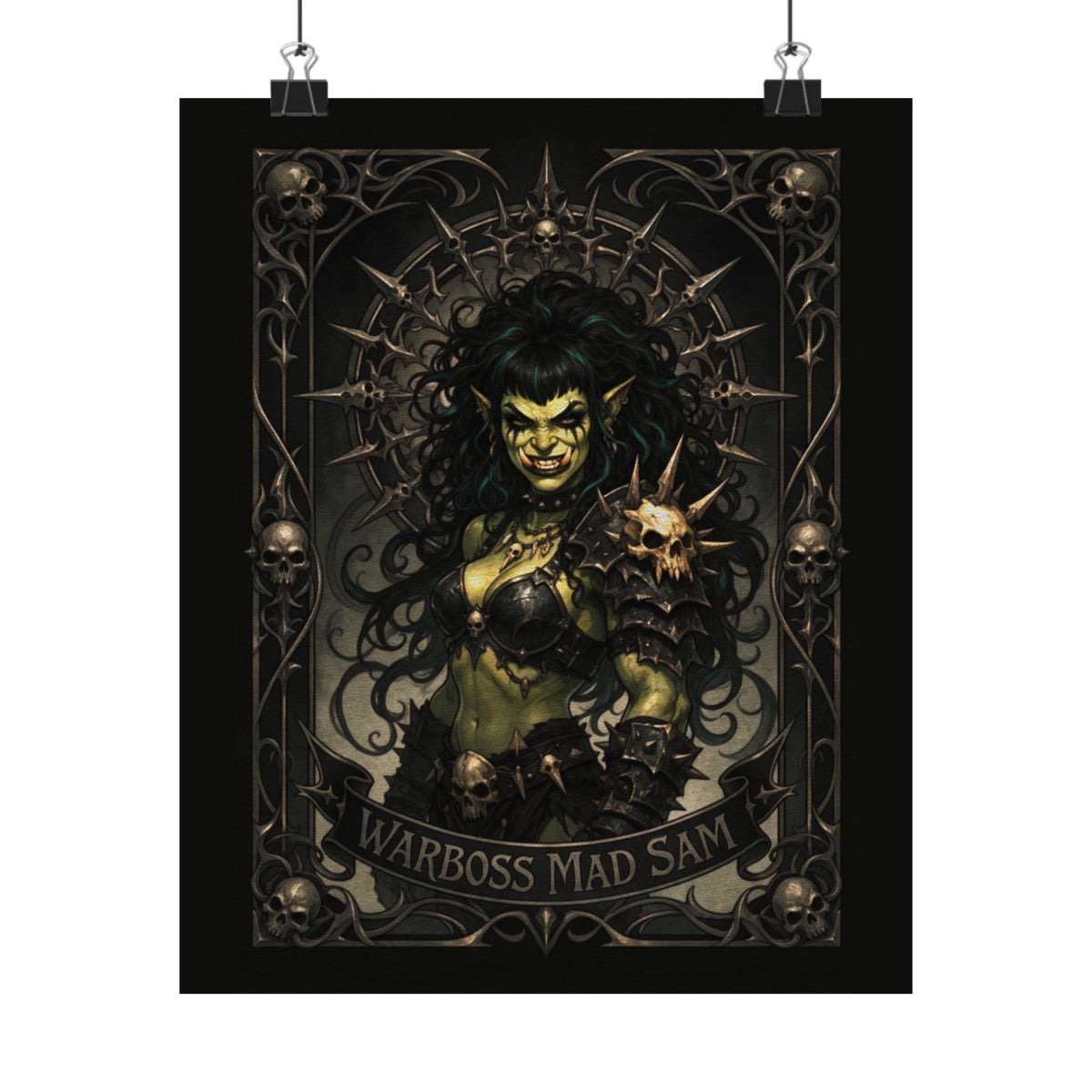 Warboss Mad Sam print: green-skinned orc warrior woman holding a glowing skull in gothic filigree