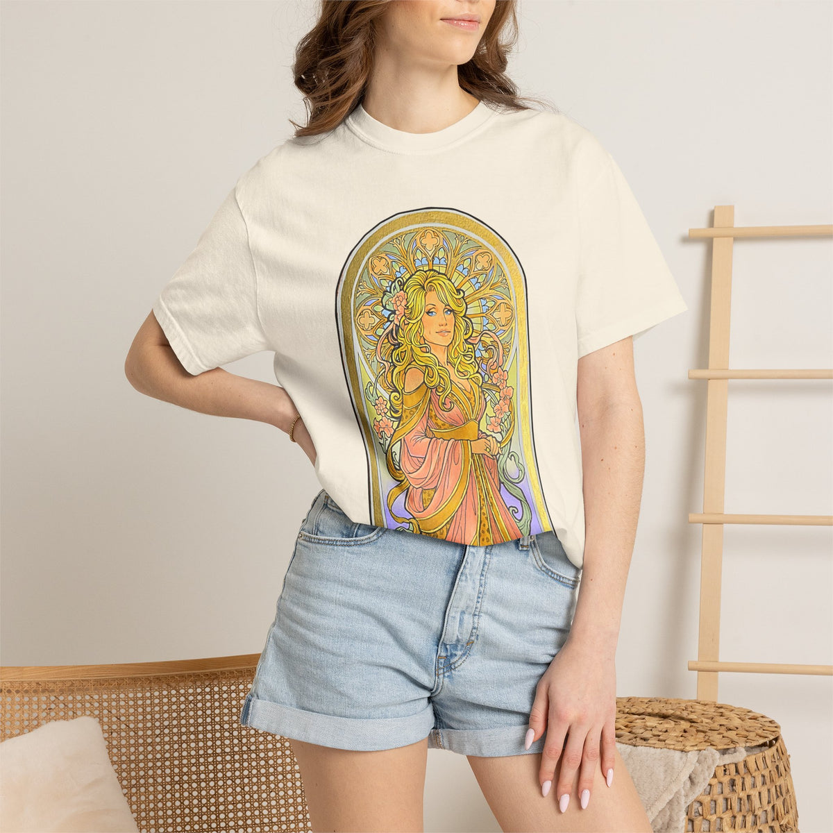 Art Nouveau goddess T-shirt: flower-crowned woman in a pink gown in a stained-glass arch
