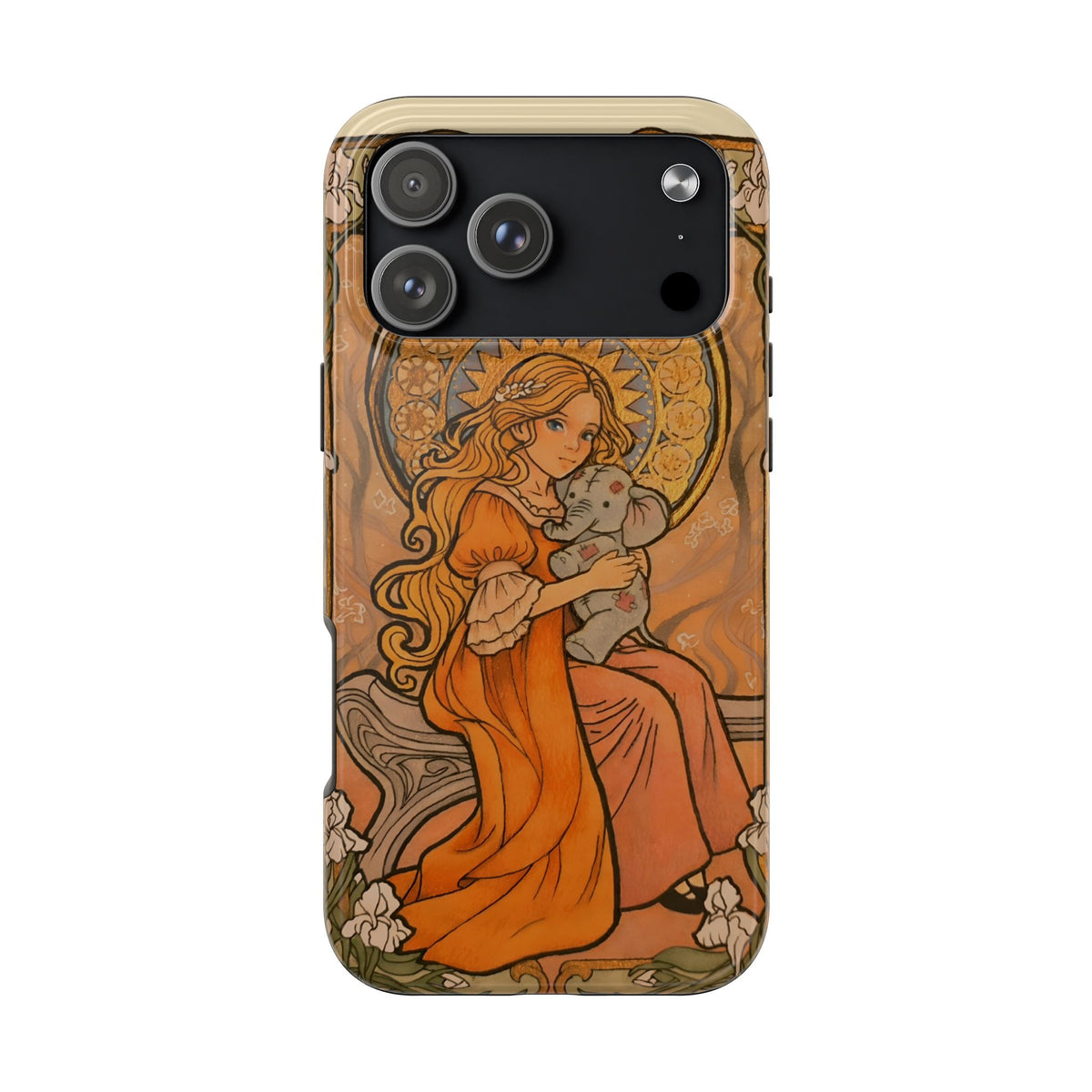 Inner Child tough phone case: girl in an orange dress holding a small gray elephant under a golden halo