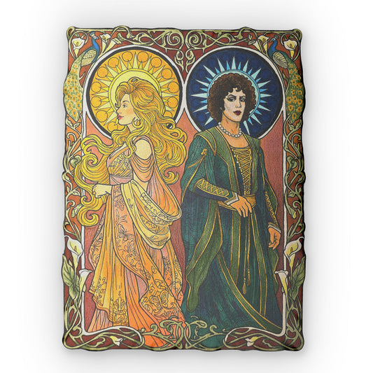 Shaped pillow printed with the Sun and Moon Saints: two haloed saints in green and gold robes