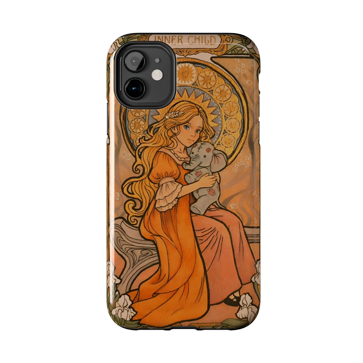 Inner Child tough phone case: girl in an orange dress holding a small gray elephant under a golden halo