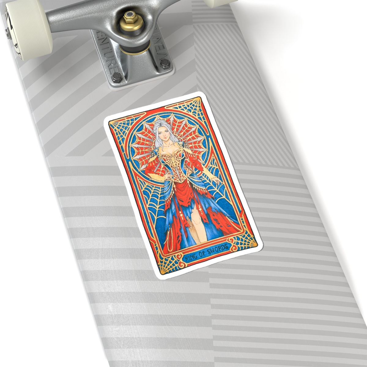 King of Swords tarot kiss-cut sticker: silver-haired figure in a red and blue gown with a spiderweb halo