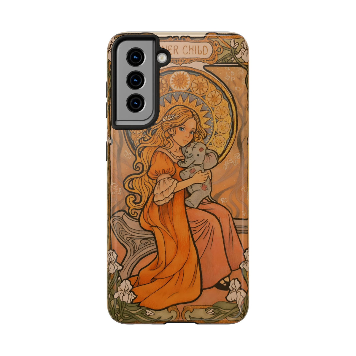 Inner Child tough phone case: girl in an orange dress holding a small gray elephant under a golden halo