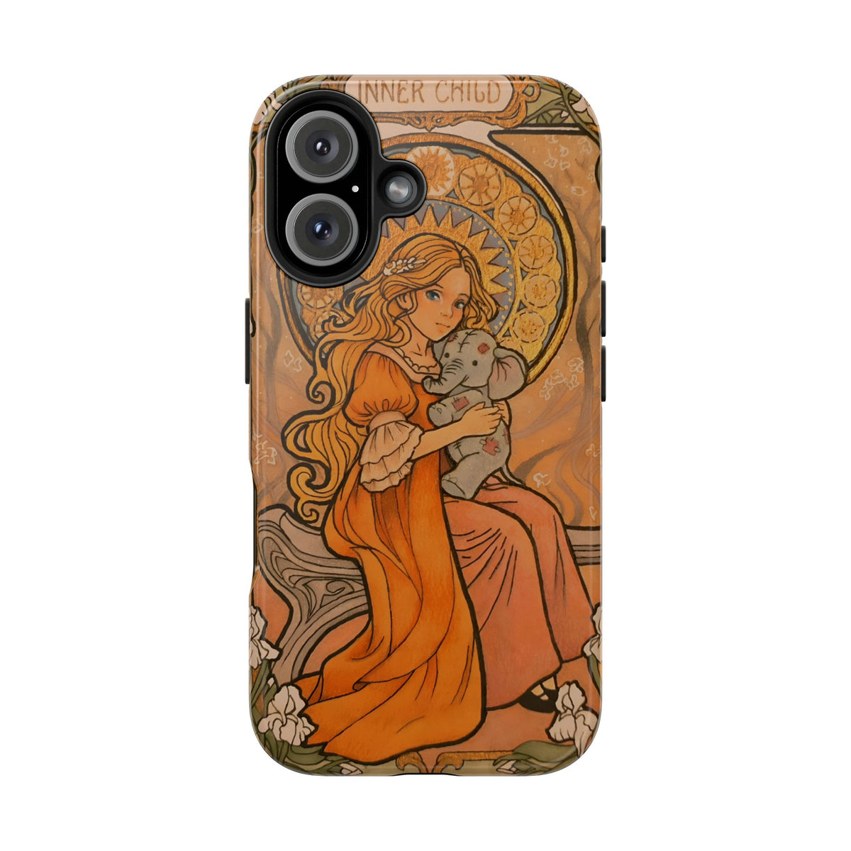 Inner Child tough phone case: girl in an orange dress holding a small gray elephant under a golden halo