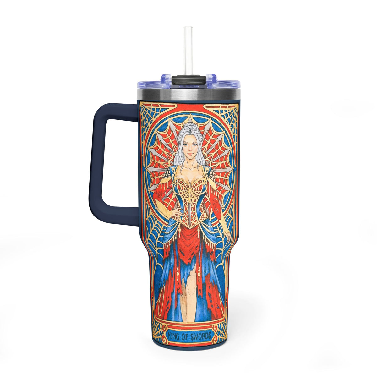 40oz tumbler with King of Swords tarot art: silver-haired figure in a red and blue gown, spiderweb halo