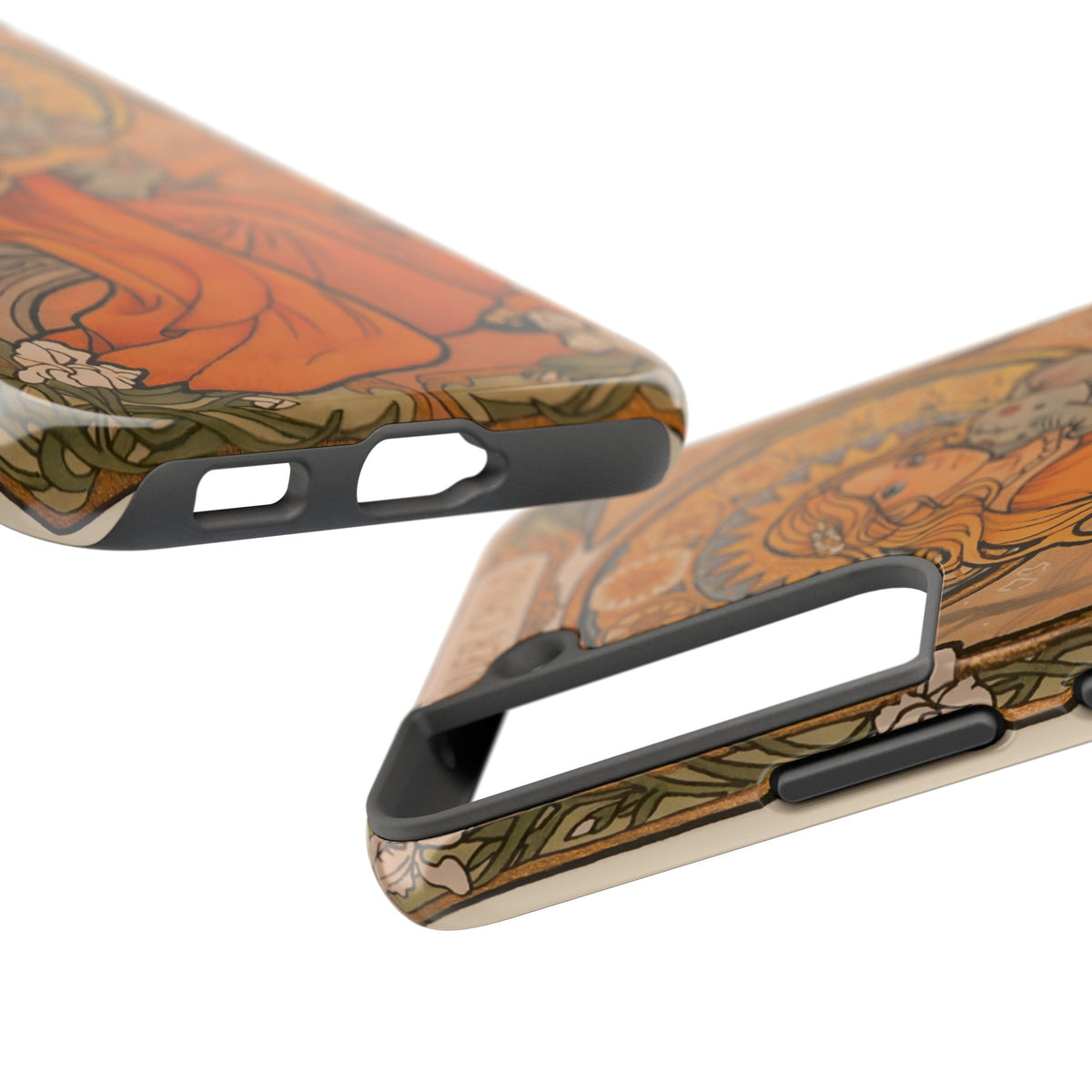 Inner Child tough phone case: girl in an orange dress holding a small gray elephant under a golden halo