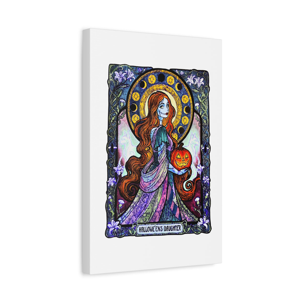 Hallowe'en's Daughter canvas: red-haired stitched ragdoll in a patchwork gown holding a jack-o'-lantern