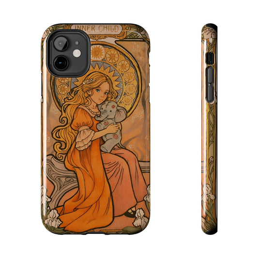 Inner Child tough phone case: girl in an orange dress holding a small gray elephant under a golden halo