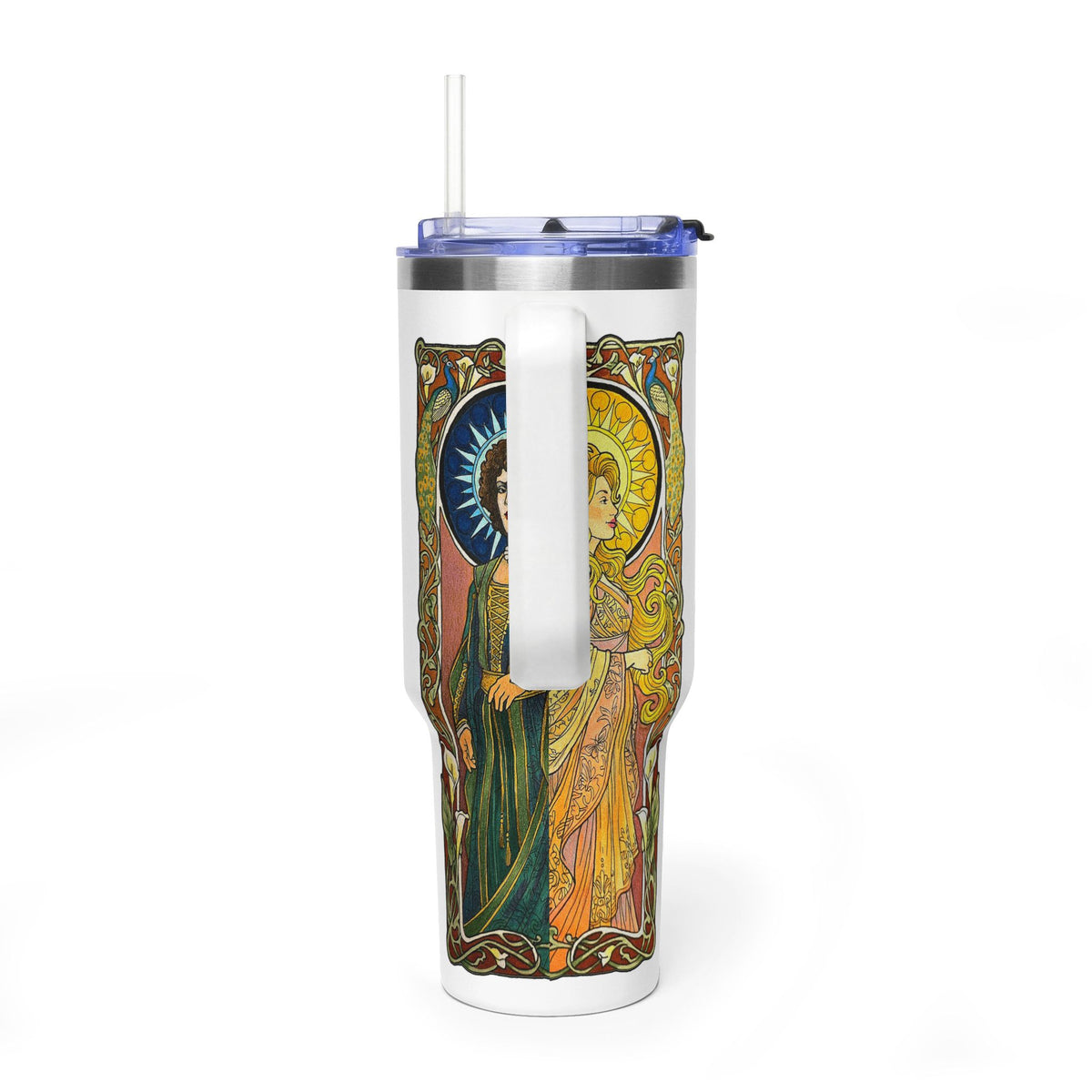 Sun and Moon Saints 40oz tumbler wrapped in two haloed saints in green and gold robes