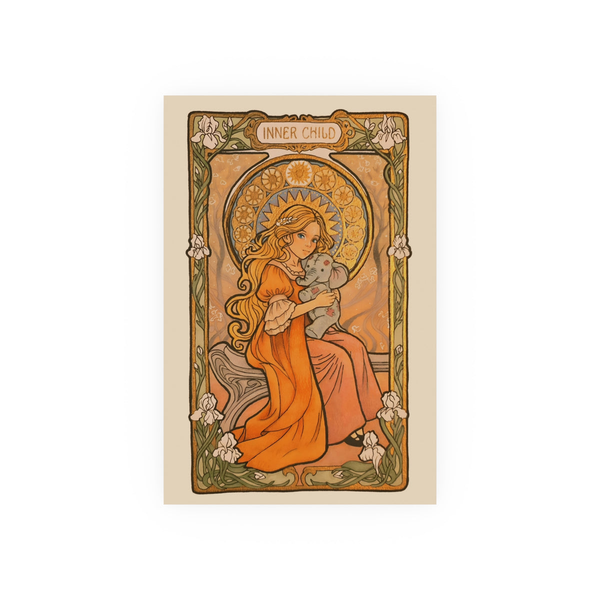 Inner Child poster: girl in an orange dress holding a small gray elephant under a golden halo