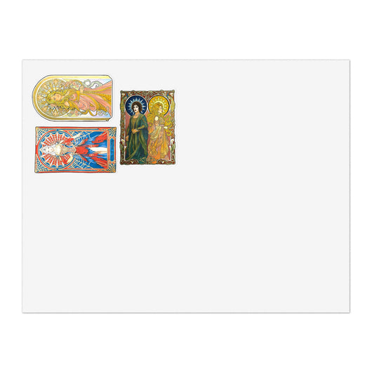 Sticker sheet of three small Art Nouveau saint and angel stickers in gold and jewel tones