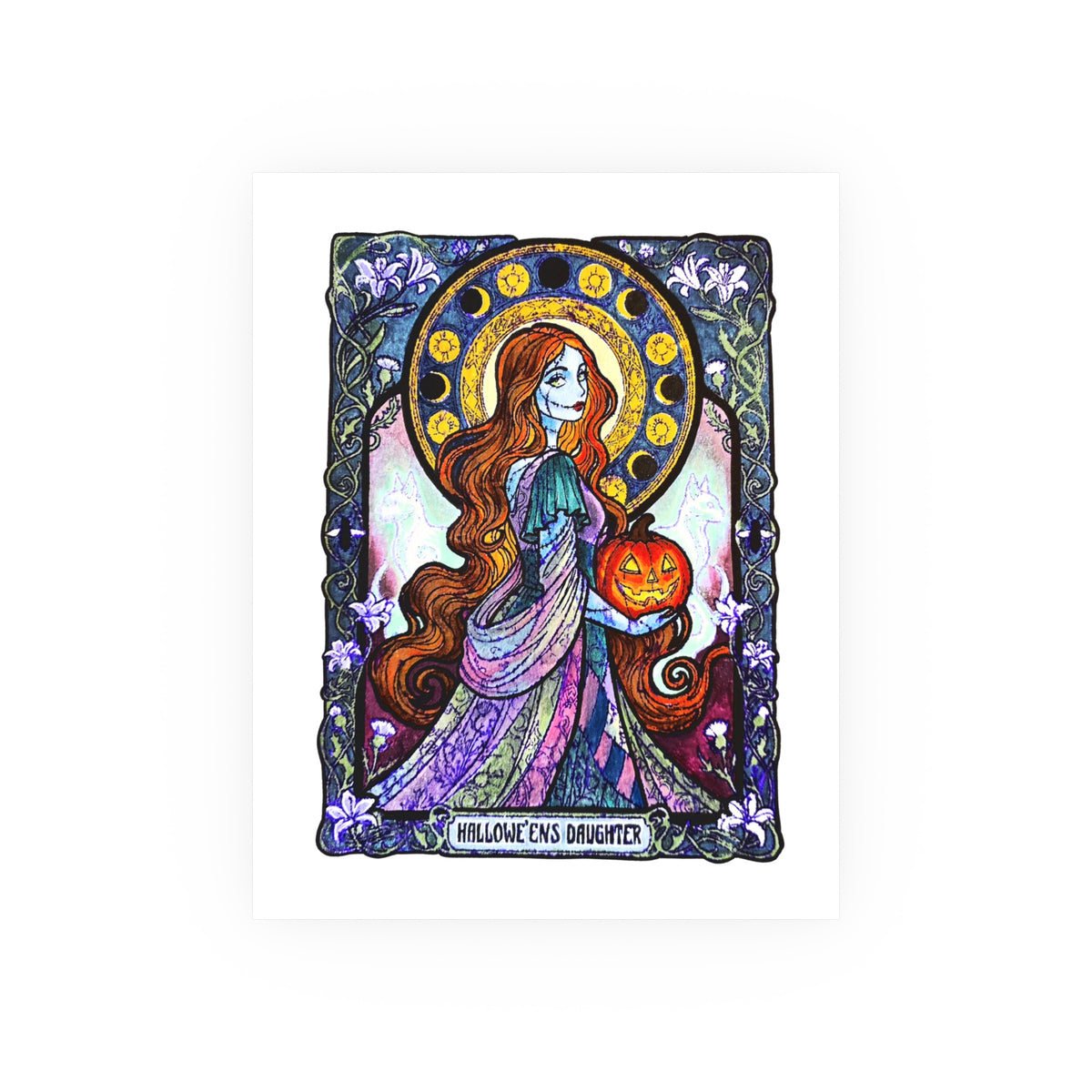 Hallowe'en's Daughter poster: red-haired stitched ragdoll in a patchwork gown holding a jack-o'-lantern