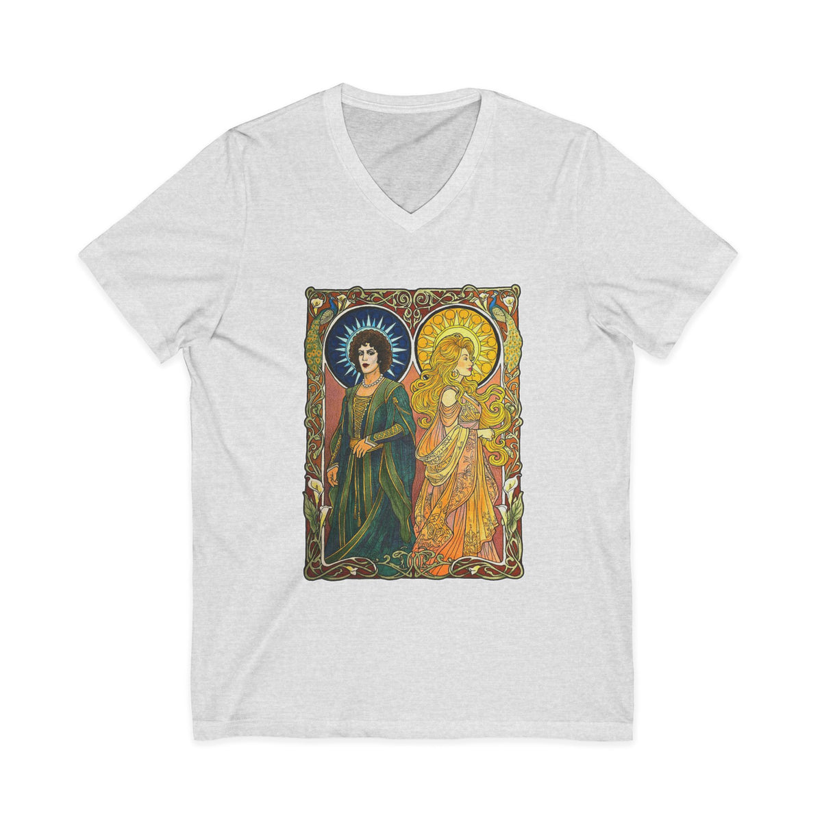 Sun and Moon Saints V-neck tee with two haloed saints in green and gold robes printed on the chest