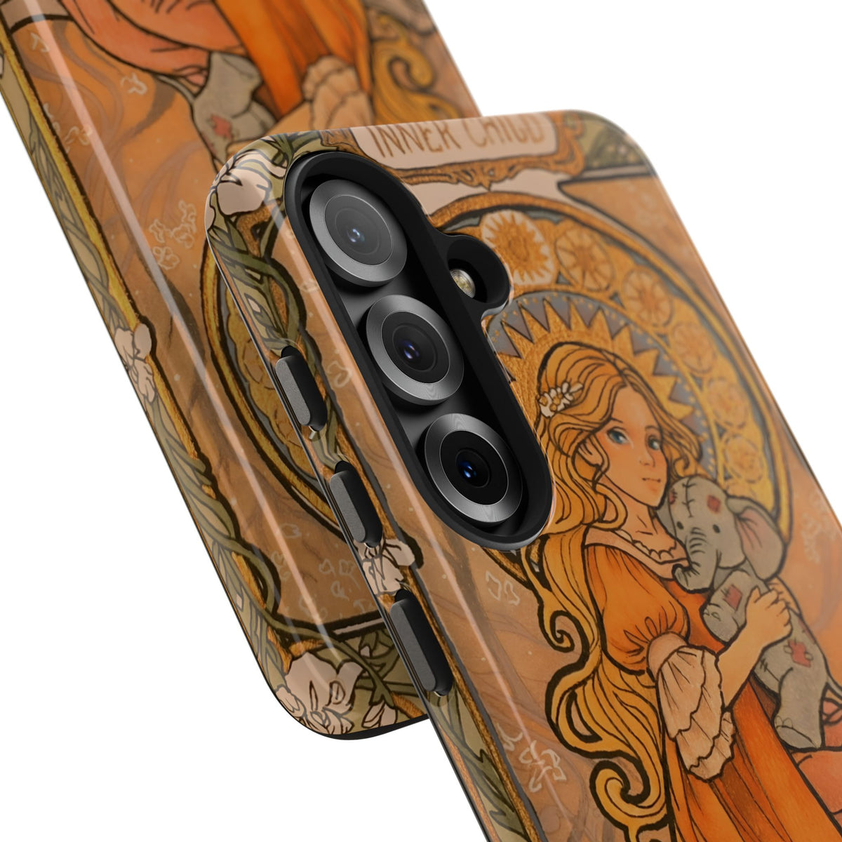 Inner Child tough phone case: girl in an orange dress holding a small gray elephant under a golden halo