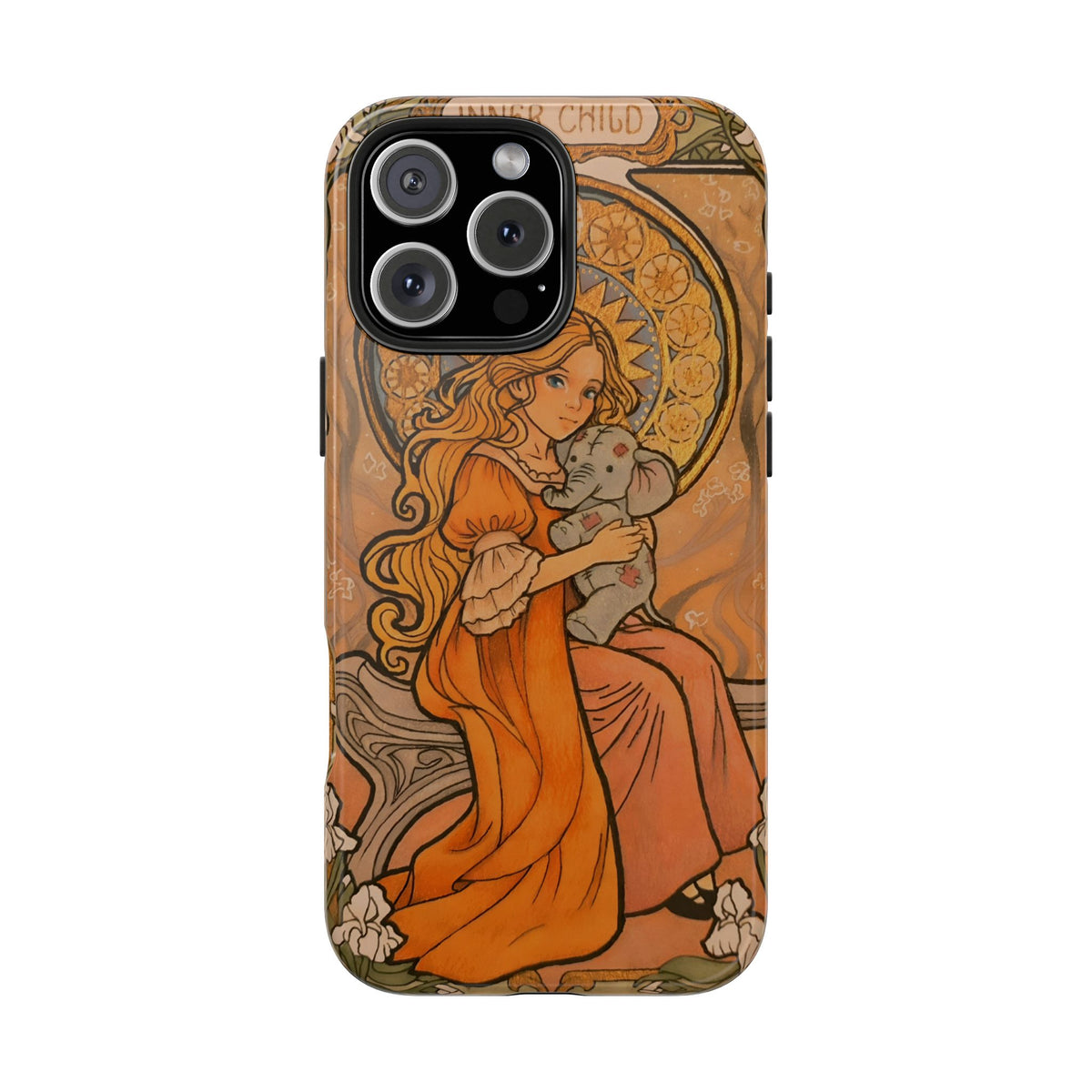 Inner Child tough phone case: girl in an orange dress holding a small gray elephant under a golden halo