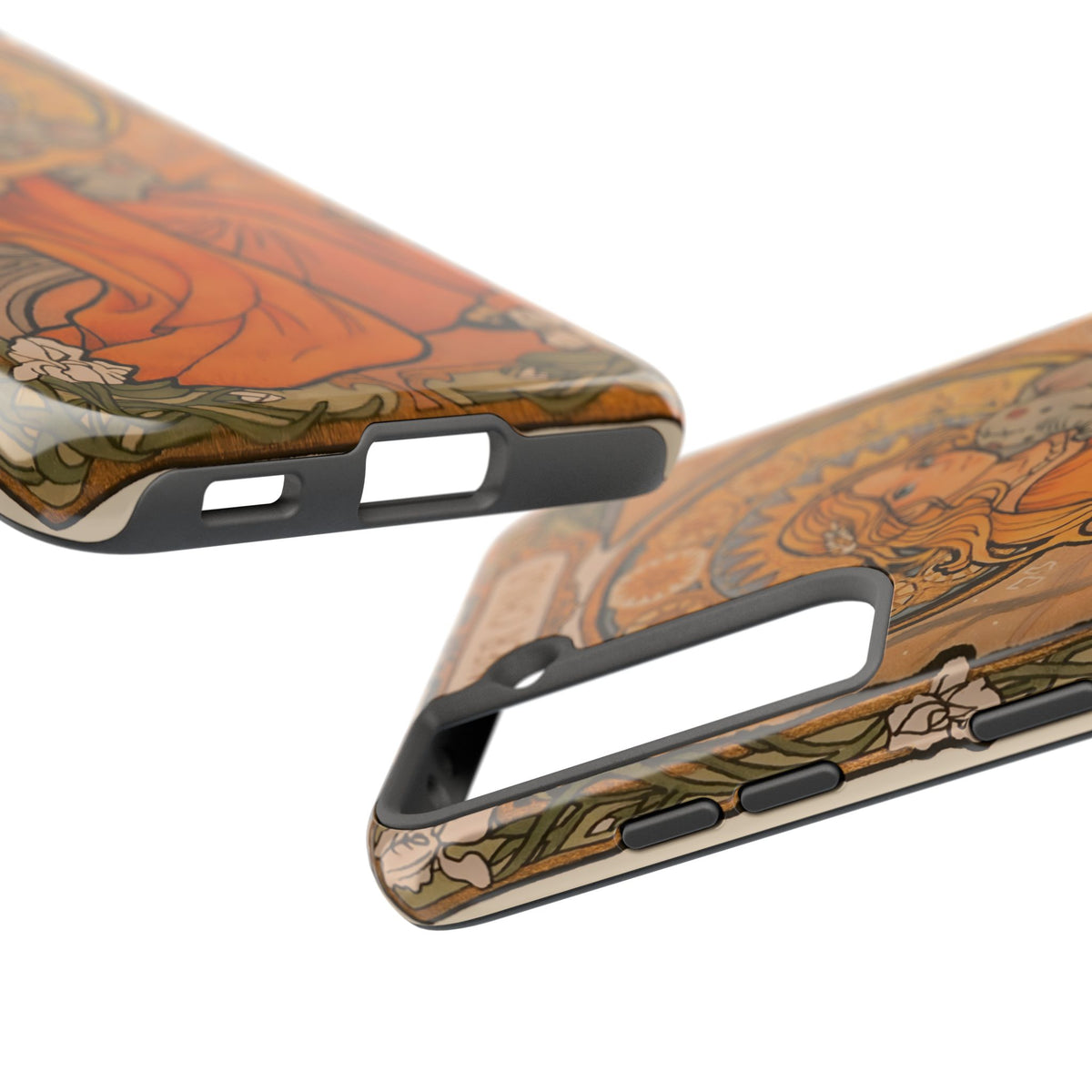 Inner Child tough phone case: girl in an orange dress holding a small gray elephant under a golden halo