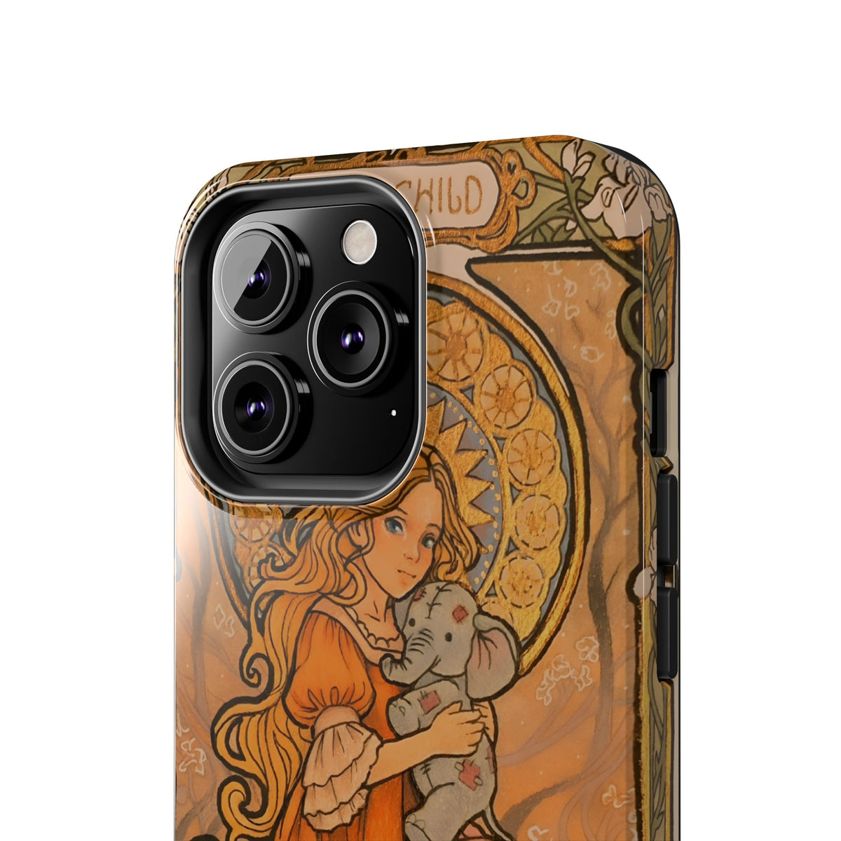 Inner Child tough phone case: girl in an orange dress holding a small gray elephant under a golden halo