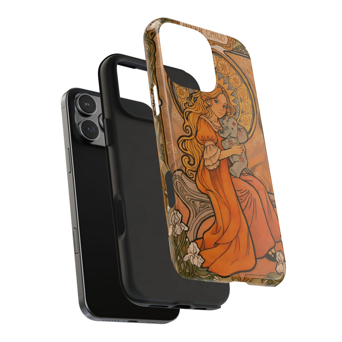 Inner Child tough phone case: girl in an orange dress holding a small gray elephant under a golden halo